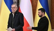 Ukraine's President Volodymyr Zelenskiy and Austrian President Alexander Van der Bellen arrive at a joint news briefing, amid Russia's attack on Ukraine, in Kiev, Ukraine on February 1, 2023. REUTERS/Viacheslav Ratynskyi