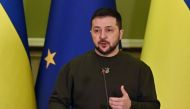 Ukrainian President Volodymyr Zelensky speaks during a joint press conference with President of the European Commission during her visit in Kyiv on February 2, 2023. (Photo by Sergei Supinsky / AFP)