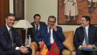 Spanish Prime Minister Pedro Sanchez (left), Moroccan Prime Minister Aziz Akhannouch (centre) and Moroccan Foreign Minister Nasser Bourita (right), meet in Rabat, on February 2, 2023. (Photo by str / AFP)