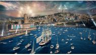A visual creation released by the Paris 2024 Olympic committee shows the Belem, a historic three-mast ship, entering the Old Port of Marseille with the Olympic flame, while taking part in the Torch Relay for Paris 2024 Olympics, France, February 3, 2023. Paris 2024/Handout via REUTERS