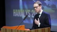 Sweden's Minister of Foreign Affairs Tobias Billstrom speaks during the Hanalys foreign policy forum in Espoo, Finland, on February 7, 2023. (Lehtikuva / AFP) / 