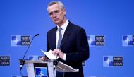 NATO Secretary General Jens Stoltenberg addresses a press conference ahead of a NATO Defence ministers' meeting at the NATO headquarters in Brussels on February 13, 2023. (Photo by Kenzo Tribouillard / AFP)