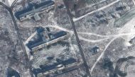 This handout satellite image taken on February 8, 2023 by Maxar Technologies shows armored vehicles positioned behind residential buildings in Krylivka, Ukraine. (Satellite image 2022 Maxar Technologies / AFP)