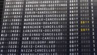 A schedule board displays cancelled and delayed flights during a strike at Frankfurt Airport in Frankfurt am Main, western Germany, on February 17, 2023. Photo by ANDRE PAIN / AFP