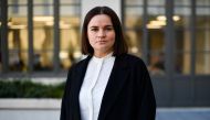 In this file photo taken on October 07, 2022 exiled Belarusian opposition leader Svetlana Tikhanovskaya poses after giving a press conference at Sciences Po's school in Paris.  (Photo by JULIEN DE ROSA / AFP)