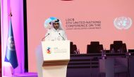 The Minister of Commerce and Industry H E Sheikh Mohammed bin Hamad bin Qassim Al Abdullah Al Thani speaking during the closing ceremony of the Private Sector Forum.