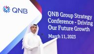 A QNB Group official addressing the annual strategy conference in Doha. 