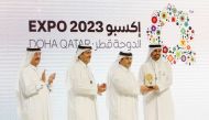 Minister of Municipality H E Dr. Abdullah bin Abdulaziz bin Turki Al Subaie with other officials during the honouring ceremony at AgriteQ 2023, DECC, yesterday.
