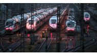 ICE high speed trains of Germany's railway operator Deutsch Bahn are parked near the central station in Munich, southern Germany, during a strike on March 27, 2023. Photo by Christof STACHE / AFP