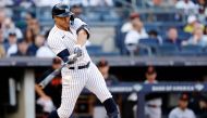 Giancarlo Stanton #27 of the New York Yankees hits a solo home run during the third inning against the San Francisco Giants at Yankee Stadium on April 01, 2023 in the Bronx borough of New York City. (Photo by Sarah Stier / GETTY IMAGES NORTH AMERICA / Getty Images via AFP)
