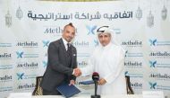 Chairman of Qatar Cancer Society Sheikh Dr. Khalid bin Jabor Al Thani and Regional Director of Global Development at Houston Methodist Global Health Care Services Talal Braidy during the MoU signing ceremony. 