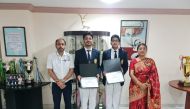 DPS-MIS Principal, Asna Nafees (right); Head of Computer Science Department, Avishek Jha (left); and students Ajay Sharma Sambara and Aritra Ghosh with their certificates.