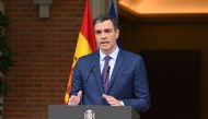 In this handout image made available by La Moncloa on May 29, 2023 Spanish Prime Minister Pedro Sanchez speaks at La Moncloa Palace in Madrid as he called a snap election in July. (Photo by Borja Puig de la Bellacasa / LA MONCLOA / AFP) 