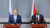 Russian Foreign Minister Sergei Lavrov and Burundi Foreign Minister Albert Nshingiro hold a joint press conference following their bilateral meeting at Kiriri Garden Hotel in Bujumbra on May 30, 2023. (Photo by Handout / RUSSIAN FOREIGN MINISTRY / AFP)