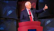 Former US Vice President Mike Pence speaks at a campus lecture hosted by Young Americans for Freedom at the University of Virginia in Charlottesville, Virginia, on April 12, 2022. (Photo by Ryan M. Kelly / AFP)
