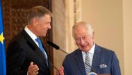 Britain's King Charles III (right) speaks with Romanian President Klaus Iohannis during a press conference at the Cotroceni Presidential Palace in Bucharest, on June 2, 2023. (Photo by MIHAI BARBU / AFP)