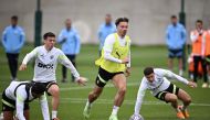 Manchester City's English midfielder Jack Grealish (C) takes part in a team training session at Manchester City training ground in Manchester, north-west England on June 6, 2023, ahead of their UEFA Champions League final football match against Inter Milan. (Photo by Paul Ellis / AFP)