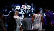 Fans hold up signs in support of Brittney Griner of the Phoenix Mercury during the first half against the New York Liberty at Barclays Center on June 18, 2023 in the Brooklyn borough of New York City. (Photo by Sarah Stier / Getty Images NA via AFP)