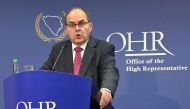 Christian Schmidt, the High Representative for Bosnia and Herzegovina, speaks during a news conference held by the Office of the High Representative (OHR) as he announces his decision to intervene into criminal laws and Constitution of Bosnia and Herzegovina in order to maintain full capacity of county's Constitutional Court, in Sarajevo, on July 1, 2023. (Photo by ELVIS BARUKCIC / AFP)