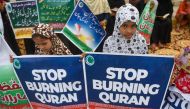 Supporters of Pakistan Markazi Muslim League party take part in an anti-Sweden demonstration in Karachi on July 9, 2023, as they protest against the burning of the Koran outside a Stockholm mosque that outraged Muslims around the world. (Photo by Rizwan Tabassum / AFP)