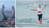 A view of Iconic Towers. RIGHT: Jaan Roose performing LED slackline walk in Qatar.