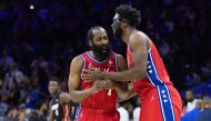 File photo: Philadelphia 76ers guard James Harden (1) reacts with center Joel Embiid (21) after a score against the Miami Heat during the second quarter in game four of the second round for the 2022 NBA playoffs at Wells Fargo Center. Bill Streicher

