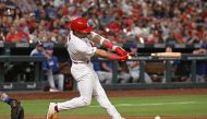Masyn Winn #0 of the St. Louis Cardinals hits a single for his first MLB hit against the New York Mets in the fifth inning at Busch Stadium on August 18, 2023 in St Louis, Missouri. (Photo by Joe Puetz / GETTY IMAGES NORTH AMERICA / Getty Images via AFP)
