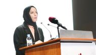 Minister of Education and Higher Education H E Buthaina bint Ali Al Jabr Al Nuaimi addressing the annual educational meeting yesterday. 