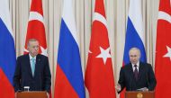 This handout photograph taken and released by the Turkish Presidency Press Office on September 4, 2023, shows Russian President Vladimir Putin (right) and his Turkish counterpart Recep Tayyip Erdogan giving a joint press conference following a meeting in Sochi. (Photo by Murat Cetin Muhurdar / Turkish Presidency Press Office / AFP) 