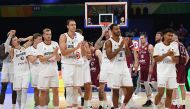 German players celebrate their victory in the FIBA Basketball World Cup quarter-final match between Germany and Latvia at the Mall of Asia Arena in Manila on September 6, 2023. (Photo by Ted ALJIBE / AFP)
