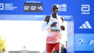 Kenya's Eliud Kipchoge smiles asfter crossing the finish line to win the men's race of the Berlin Marathon on September 24, 2023 in Berlin, Germany. (Photo by Tobias SCHWARZ / AFP)