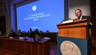 Member of Nobel Assembly at the Karolinska Institute Thomas Perlmann speaks to the media during the announcement of the winners of the 2023 Nobel Prize in Physiology or Medicine at the Karolinska Institute in Stockholm on October 2, 2023. (Photo by Jonathan Nackstrand / AFP)