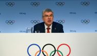 International Olympic Committee (IOC) President Thomas Bach speaks during a press conference ahead of the upcoming 141st IOC session in Mumbai on October 13, 2023. (Photo by INDRANIL MUKHERJEE / AFP)