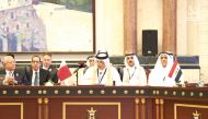 Speaker of the Shura Council H E Hassan bin Abdullah Al Ghanim and the Qatari delegation at the 35th emergency conference of the Arab Parliamentary Union in Baghdad, yesterday.