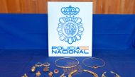 This handout photograph released by Policia Nacional / Spanish National Police on October 23, 2023 shows some of the stolen Ukrainian ancient gold jewellery seized by Spanish police. (Photo by Handout / Spanish National Police / AFP)