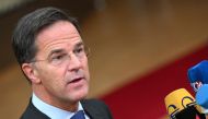 Netherlands' Prime Minister Mark Rutte addresses the press as he arrives for a EU leaders Summit at The European Council Building in Brussels on October 26, 2023. (Photo by John Thys / AFP)
