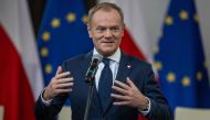 Leader of the Civic Coalition Donald Tusk gives a press statement prior to the signing of the coalition deal, at the Polish parliament in Warsaw on November 10, 2023. (Photo by Wojtek Radwanski / AFP)