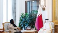 Prime Minister and Minister of Foreign Affairs H E Sheikh Mohammed bin Abdulrahman bin Jassim Al Thani meeting South Africa's Minister of International Relations and Cooperation H E Dr. Naledi Pandor at the Amiri Diwan yesterday.

