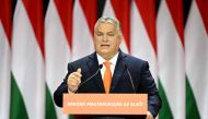 Hungary's Prime Minister Viktor Orban gives his speech in Hungexpo Fair and Exhibition Centre of Budapest on November 18, 2023, after he was re-elected leader at the congress of the governing right-wing Fidesz party. (Photo by Attila KISBENEDEK / AFP)
