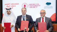 FROM LEFT: Fahad Al Sulaiti, Chief Executive Officer, Education Above All Foundation; Zaher Dawy, Provost, the American University of Beirut; and Francisco Marmolejo, President of Higher Education at Qatar Foundation at the agreement signing. 