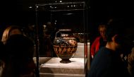 This photograph taken on December 5, 2023 shows 'Meidias hydria', a 2,500-year-old Greek vase on loan from the British museum, displayed in the the temporary exhibition titled 