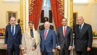 Prime Minister and Minister of Foreign Affairs H E Sheikh Mohammed bin Abdulrahman bin Jassim Al Thani (second right), Minister of Foreign Affairs of the Kingdom of Saudi Arabia H H Prince Faisal bin Farhan bin Abdullah Al Saud (second left), Deputy Prime Minister and Minister of Foreign Affairs and Expatriate Affairs of the Hashemite Kingdom of Jordan H E Dr. Ayman Al Safadi (left), Minister of Foreign Affairs of the Arab Republic of Egypt H E Sameh Shoukry (right) meeting with Chairman of the US Senate Foreign Relations Committee Senator H E Ben Cardin (centre).