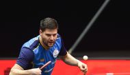 Dimitrij Ovtcharov in action during the exhibition match.