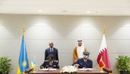 Minister of Interior H E Sheikh Khalifa bin Hamad bin Khalifa Al Thani and Minister of Interior of Rwanda H E Alfred Gasana look on as Director of Public Security H E Major General Abdullah Mohammed Al Suwaidi and Inspector General of Rwanda National Police H E Commissioner General Felix Namuhoranye sign an MoU for bilateral cooperation in security.