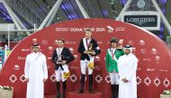 Asian Equestrian Federation President  Hamad bin Abdulrahman Al Attiya and Qatar Equestrian Federation Secretary-General and Chairman Organizing Committee Doha Tour Sheikh Ahmad bin Nooh Al Thani with podium winners of CSI4* Grand Prix-Jump Off (1.55m) event of Week 2 of Doha International Tour at Al Shaqab on Saturday.