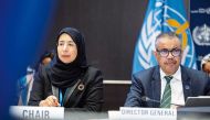 Minister of Public Health H E Dr. Hanan  Al Kuwari and WHO Director-General,  Dr. Tedros Adhanom Ghebreyesus during the session.