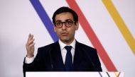 French Foreign and European Affairs Minister Stephane Sejourne speaks during a joint press conference with German Foreign Minister Annalena Baerbock (not seen) and Polish Foreign Minister Radoslaw Sikorski (not seen) after their Weimar Triangle talks at the Chateau de La Celle-Saint-Cloud, near Paris, on February 12, 2024. (Photo by SARAH MEYSSONNIER / POOL / AFP)
