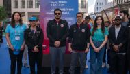 Qatar Olympic Committee (QOC) President H E Sheikh Joaan bin Hamad Al Thani with QOC Secretary General Jassim bin Rashid Al Buenain, World Aquatics President Husain Al Musallam and officials during the National Sport Day activities organised by the QOC, yesterday.