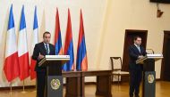 French Defence Minister Sebastien Lecornu and his Armenian counterpart Suren Papikyan hold a joint press conference following their talks in Yerevan on February 23, 2024. (Photo by KAREN MINASYAN / AFP)
