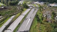Aerial view taken on September 24, 2023 shows large damages at the E6 highway near Stenungsund, Sweden. Photo by Hanna Brunlof WINDELL / TT News Agency / AFP